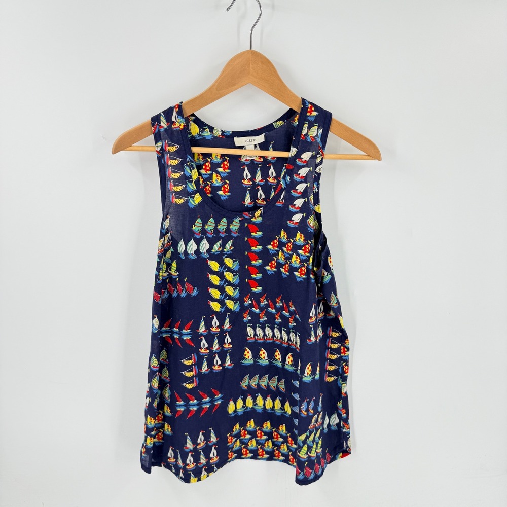 J.Crew Sailboat Print Tank Top Navy Blue 4 Nautical Preppy Summer Novelty Cotton